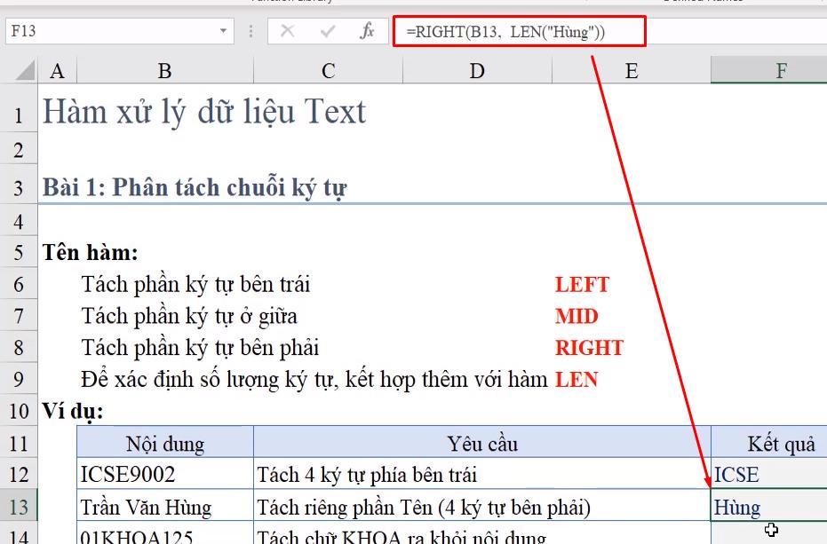 Hướng dẫn cách dùng 3 hàm phân tách chuỗi ký tự trong Excel