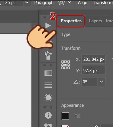 Cách tạo viền chữ trong Illustrator: Chọn mục Properties
