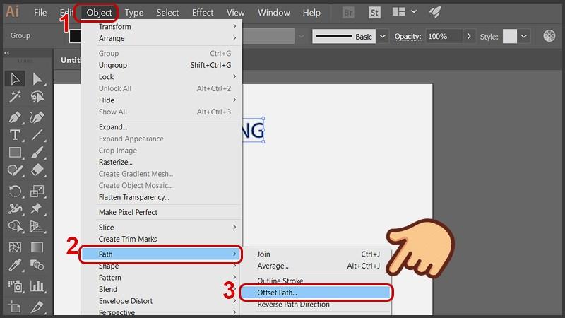 Cách tạo viền chữ trong Illustrator: Chọn mục Offset Path