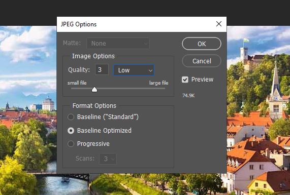 Cách xuất ảnh trong Photoshop: Chỉnh Quality thành Low