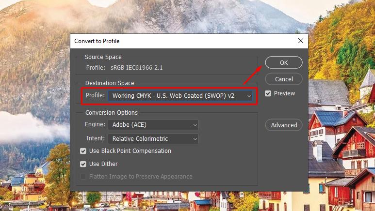 Cách xuất ảnh trong Photoshop: Chọn Working CMYK