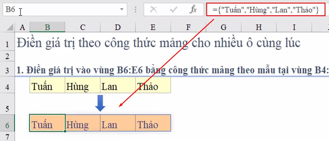 Cách điền giá trị vào nhiều ô cùng lúc bằng công thức mảng trong Excel