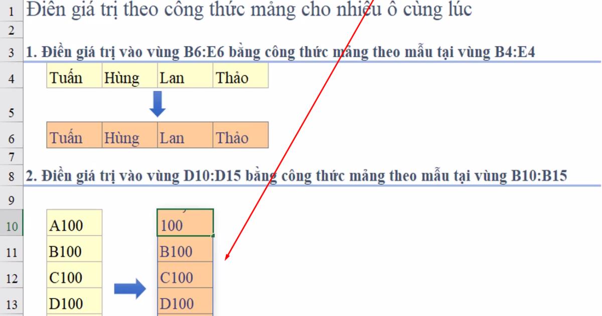 Cách điền giá trị vào nhiều ô cùng lúc bằng công thức mảng trong Excel