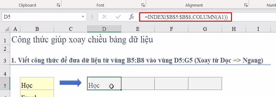 Cách dùng hàm INDEX để xoay chiều bảng dữ liệu trong Excel
