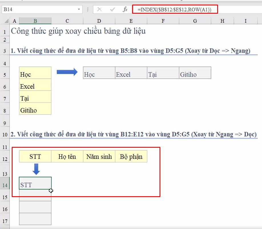Cách dùng hàm INDEX để xoay chiều bảng dữ liệu trong Excel