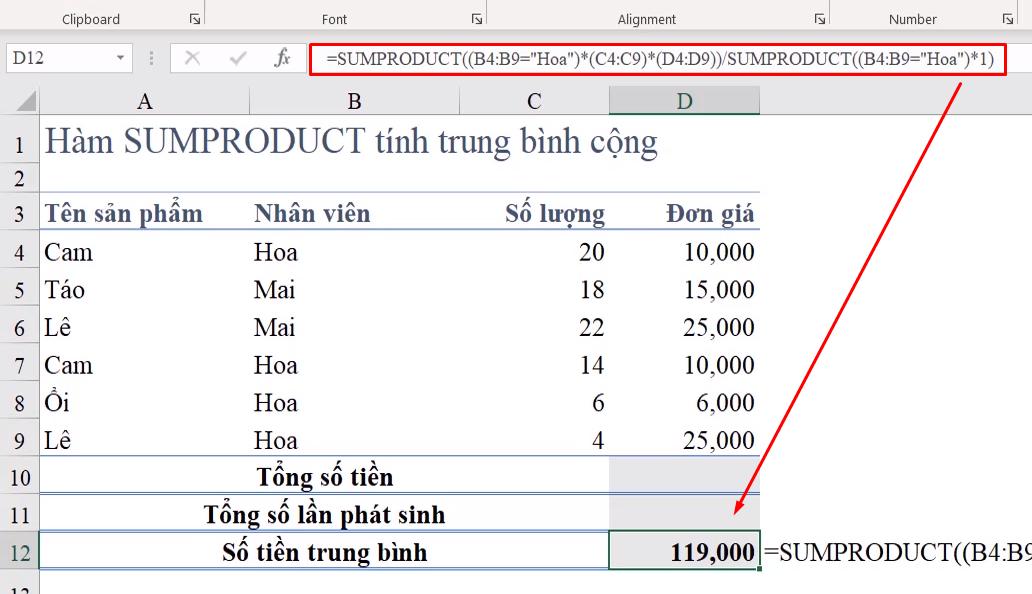 Cách dùng hàm SUMPRODUCT để tính trung bình cộng trong Excel