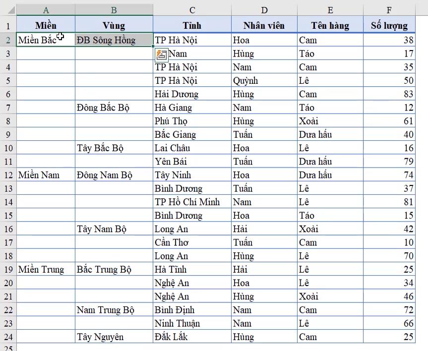 Thủ thuật Excel giúp làm đầy các ô trống trong bảng dữ liệu