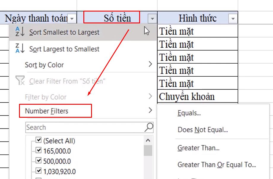 Hướng dẫn kỹ thuật lọc dữ liệu dạng Number trong Excel