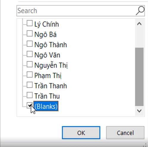 Lọc các dòng trống trong Excel