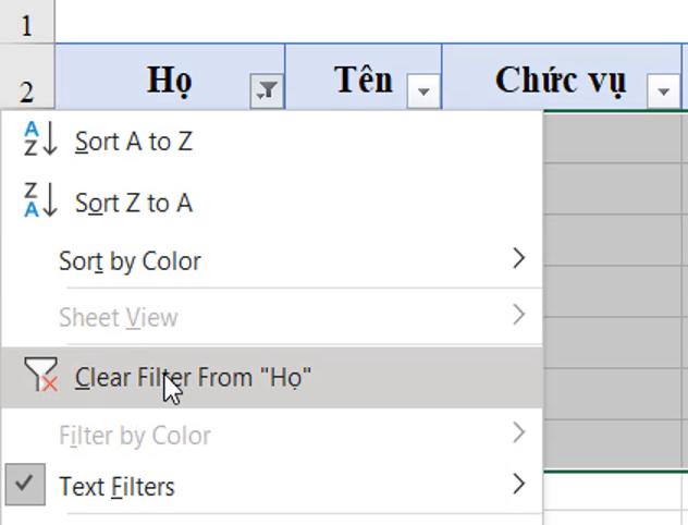 Bỏ lọc trong Excel