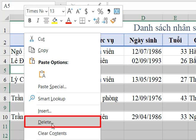 cách xóa dòng xen kẽ trong excel