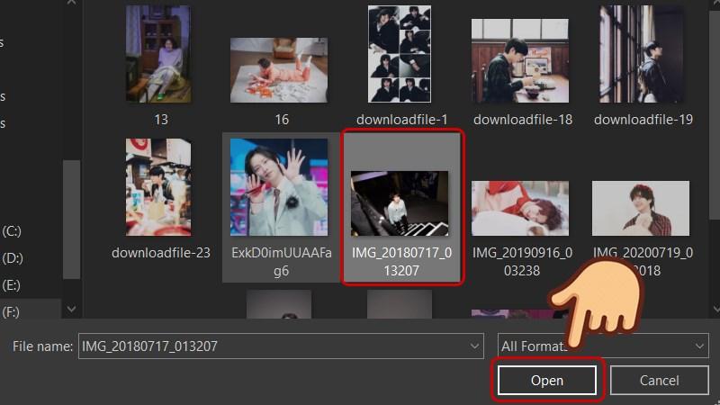 Cắt hình trong AI: Chọn ảnh cần cắt rồi bấm Open