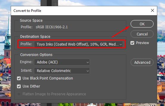 Đổi hệ màu trong Photoshop: Bấm OK trên cửa sổ Convert to Profile
