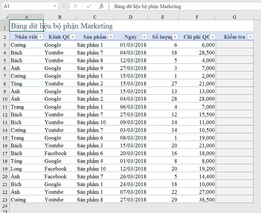 Bài tập thực hành hàm kiểm tra dữ liệu trong excel