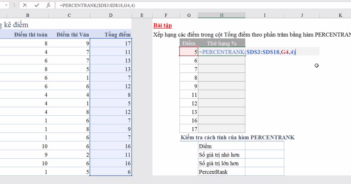 Hướng dẫn sử dụng hàm PERCENTRANK để xếp hạng theo phần trăm
