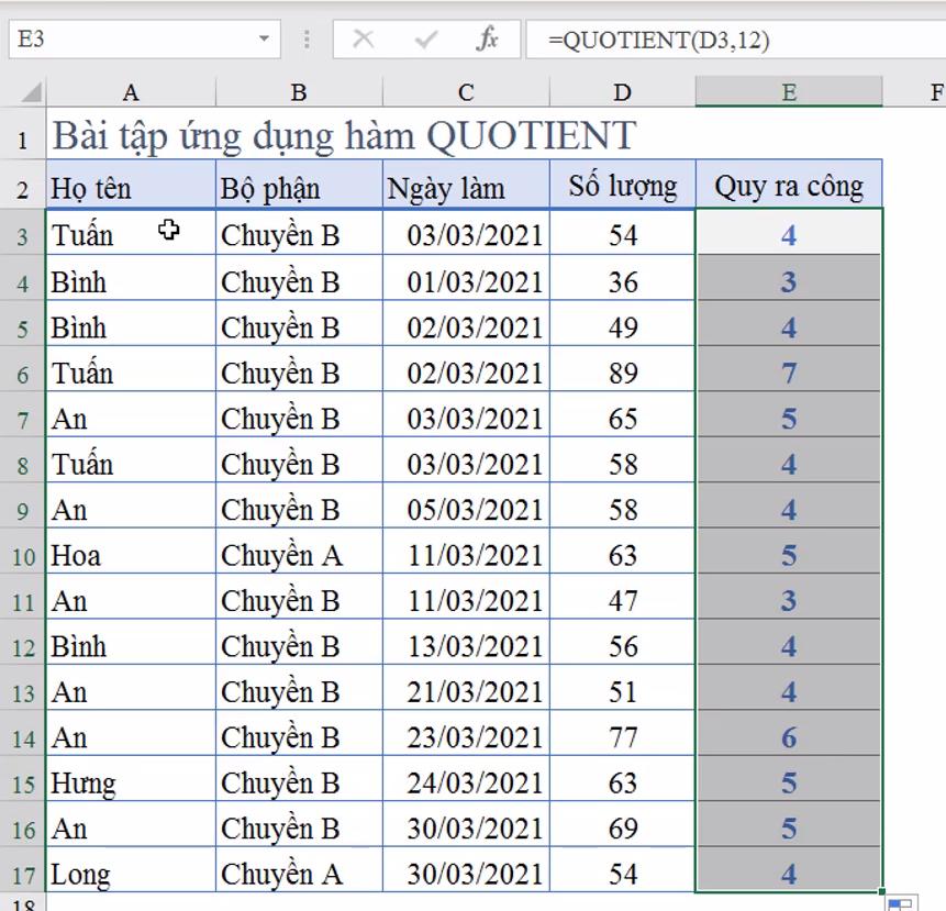 Cách dùng hàm QUOTIENT trong Excel tính phần nguyên của phép chia