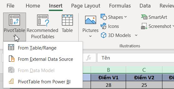 Pivot Table trong Excel và các thẻ chức năng riêng trên thanh công cụ