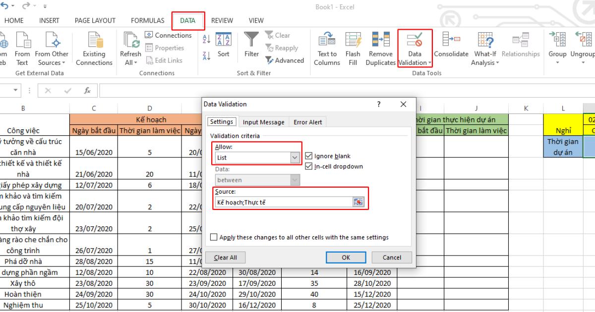 Cách lập bảng so sánh kế hoạch và thực tế dự án trên Excel