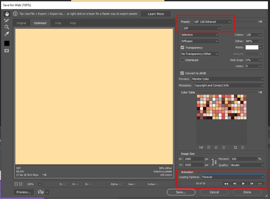 Tạo ảnh GIF bcủa Layằng Photoshop: Chỉnh Preset và Looping Options