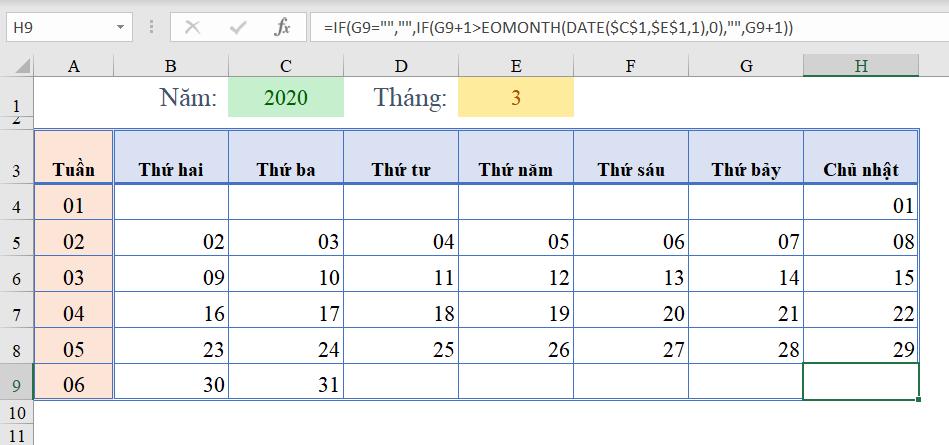 Cách làm lịch trong Excel đơn giản bằng hàm 9