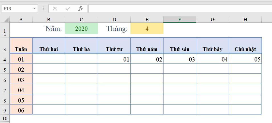 Cách làm lịch trong Excel đơn giản bằng hàm 5