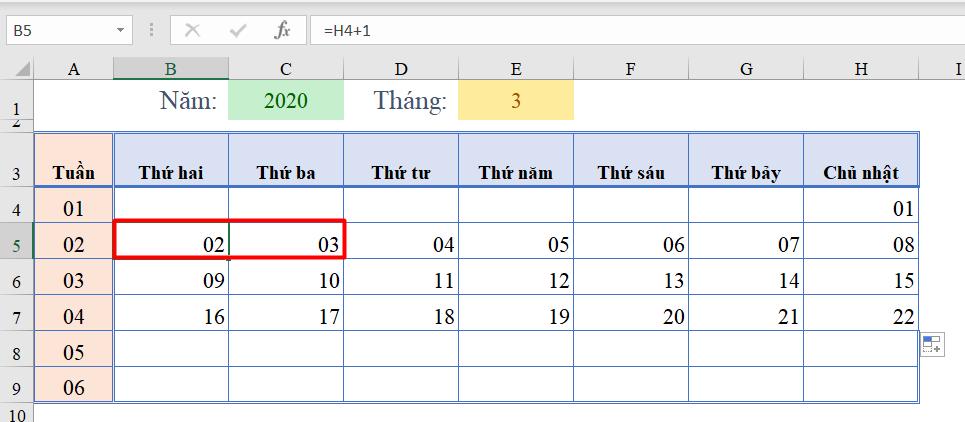 Cách làm lịch trong Excel đơn giản bằng hàm 7