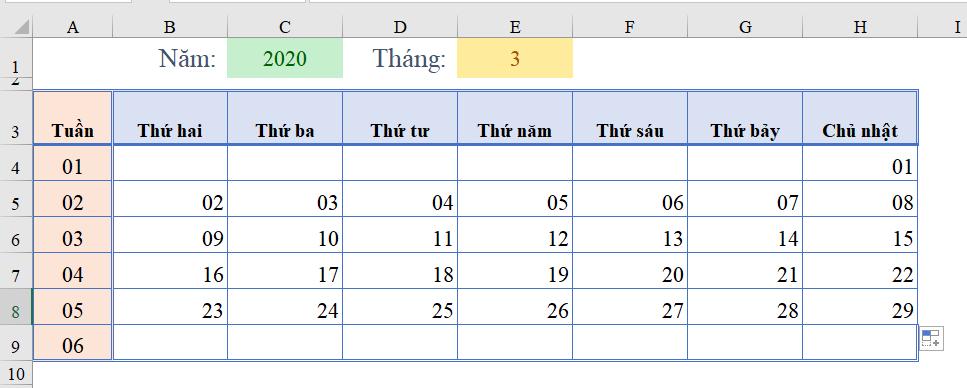 Cách làm lịch trong Excel đơn giản bằng hàm 8