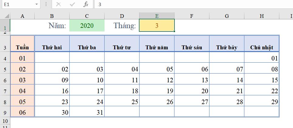 Thủ thuật tạo lịch trong Excel bằng các hàm cực kỳ đơn giản