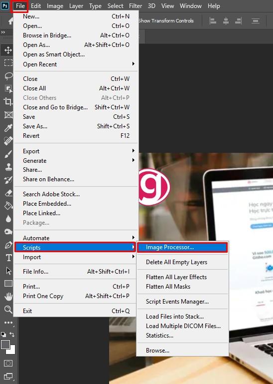 Mở Image Processor trong photoshop