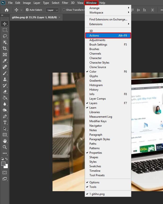 Khởi động tính năng Actions trong photoshop