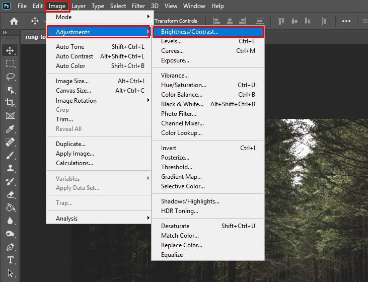 Chọn chức năng Brightness/Contrast để chỉnh sáng ảnh