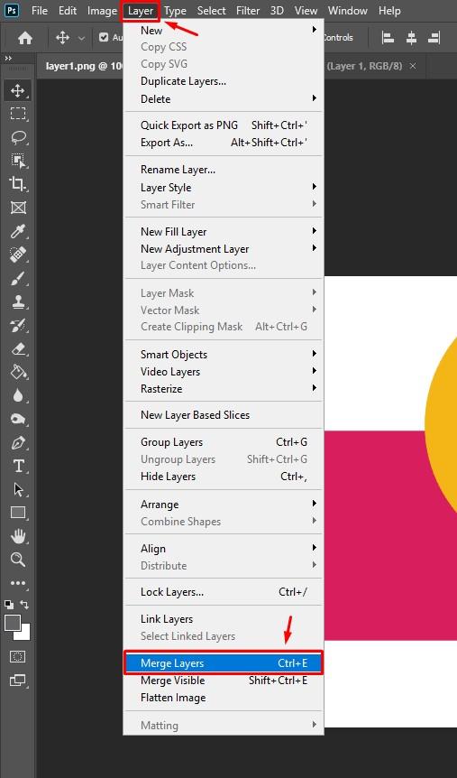 Chọn chức năng Merge Layers để gộp layer trong photoshop