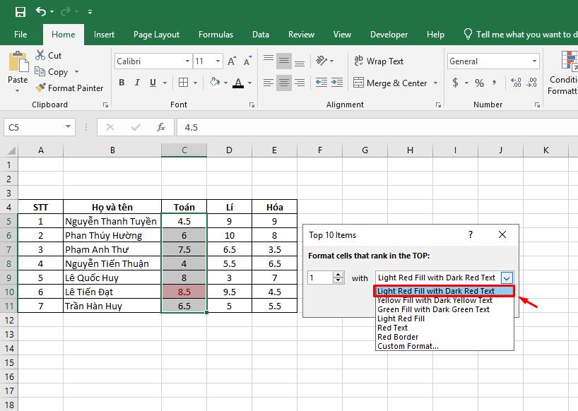 Cách tô màu giá trị lớn nhất trong Excel 7
