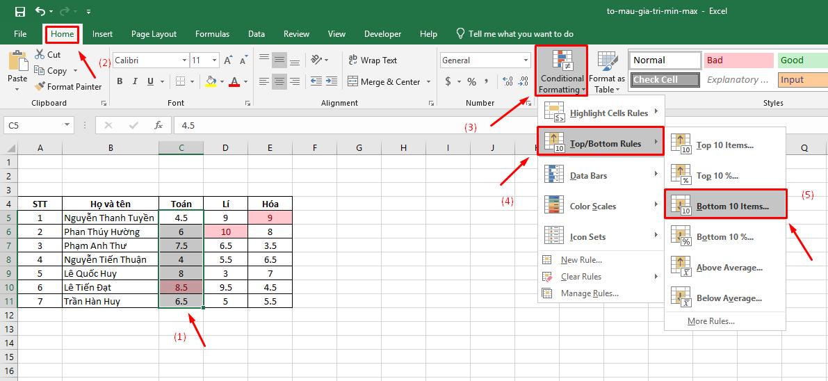 Cách tô màu giá trị nhỏ nhất trong Excel 2