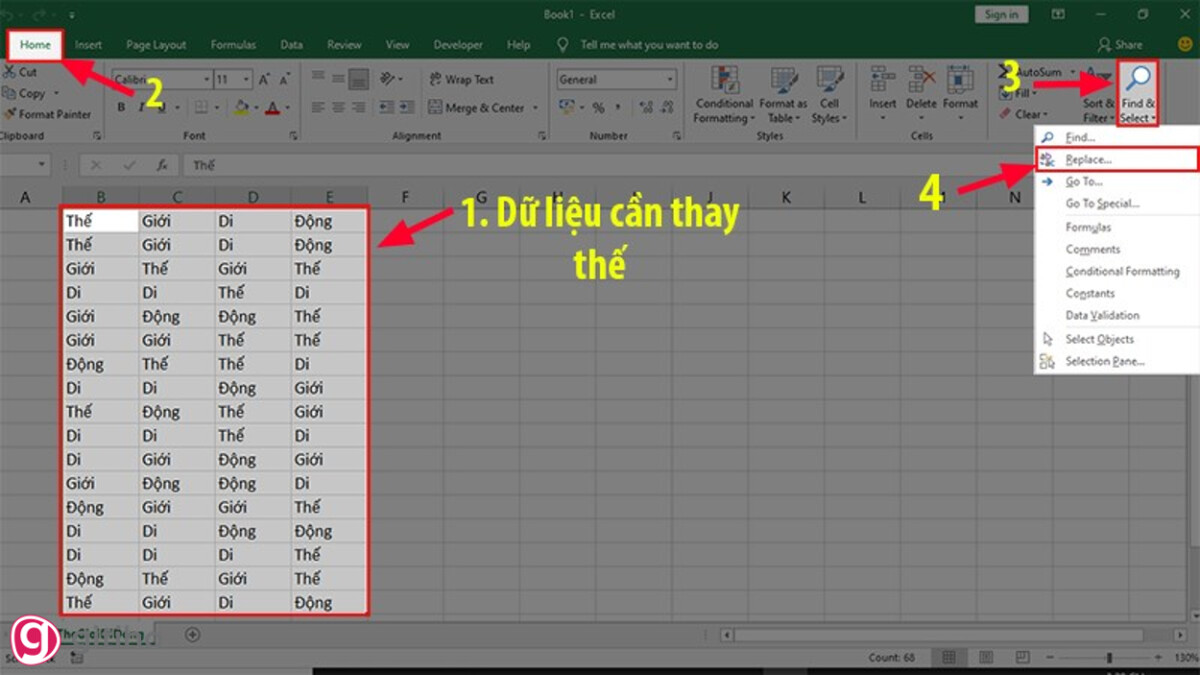 Mở hộp thoại thay thế trong excel