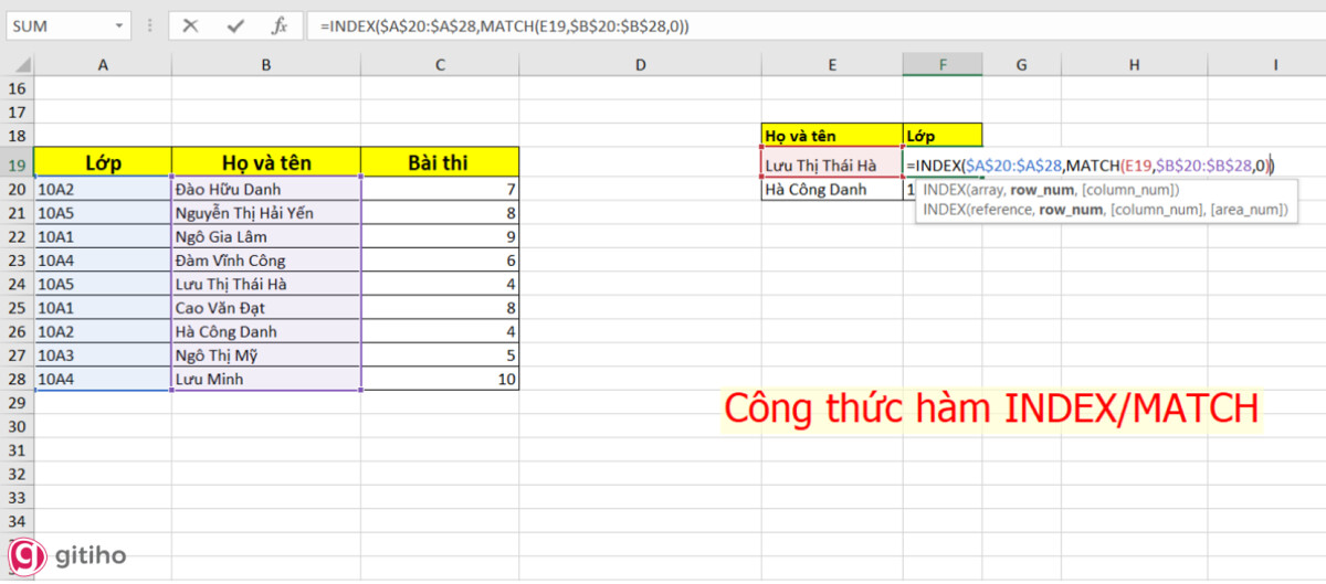 Cách sử dụng hàm Index/ Match