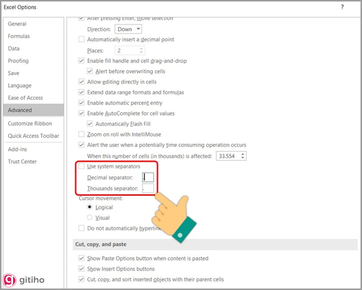 Hướng dẫn chuyển đổi dấu chấm, phẩy đối với Excel - Đổi dấu phẩy thành dấu chấm trong Excel