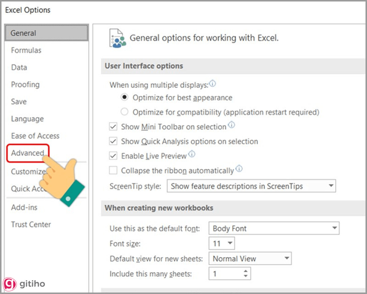 Hướng dẫn chuyển đổi dấu chấm, phẩy đối với Excel - Chọn Advanced