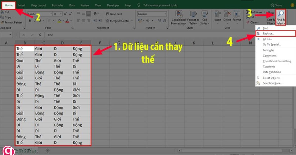 Mở hộp thoại thay thế trong excel
