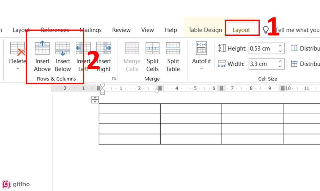 Sử dụng tab Layout để chèn thêm hàng mới trong word