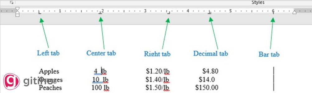 Lựa chọn và đặt điểm dừng của tab trên thước
