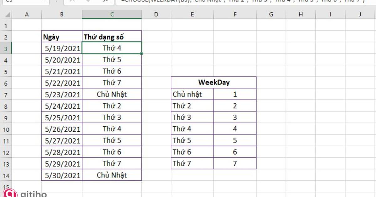 Hàm Weekday kết hợp với hàm Choose
