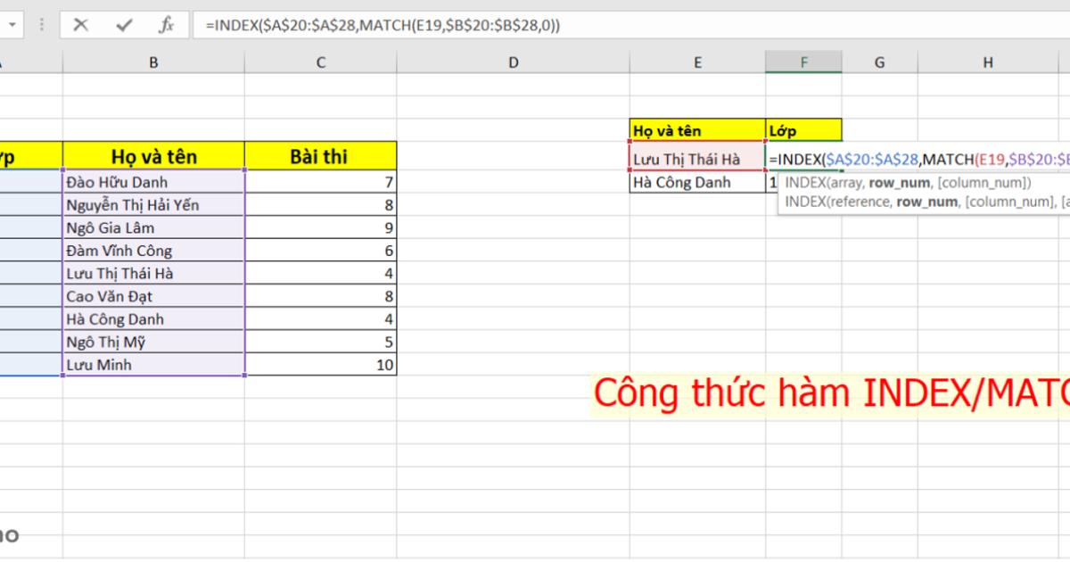 Cách sử dụng hàm Index/ Match