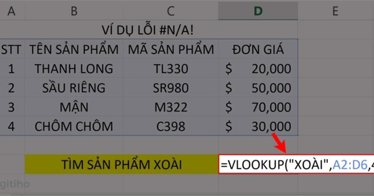 Lỗi #N/A! do vùng tìm kiếm không đầy đủ (1)
