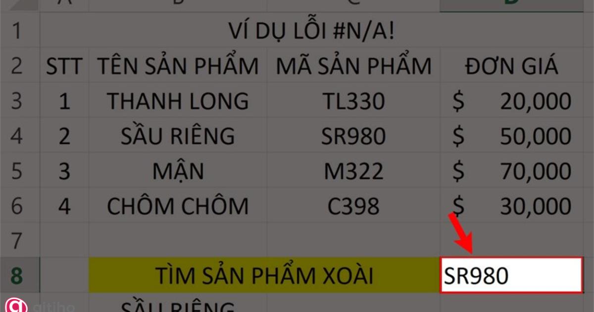 Lỗi #N/A! do vùng tìm kiếm không đầy đủ (3)