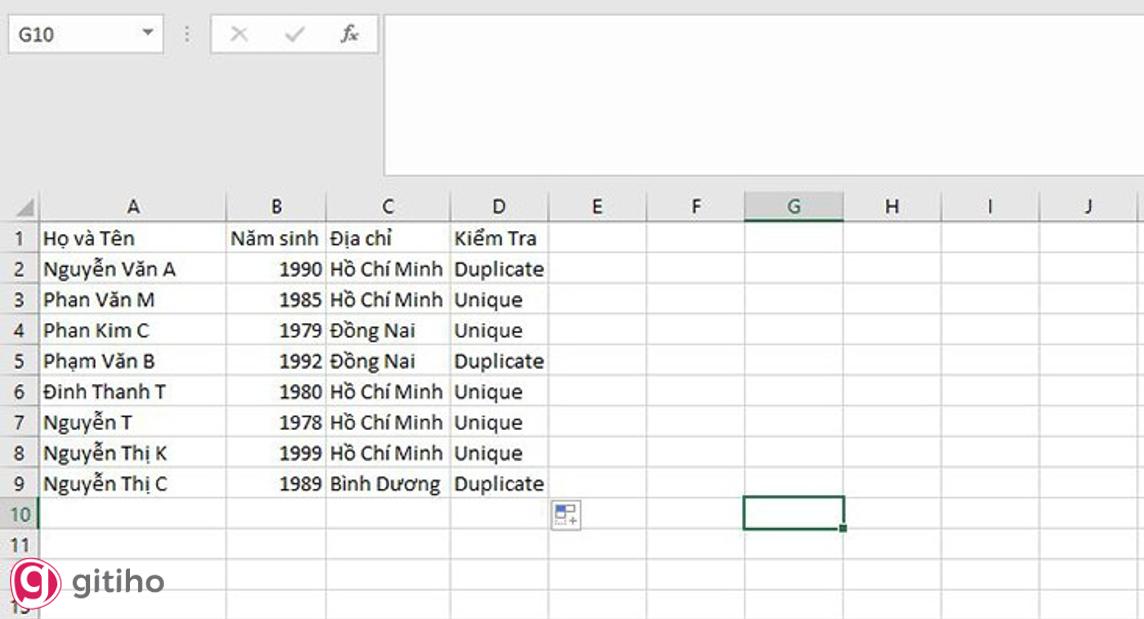 Lọc dữ liệu trùng bằng công thức (2)