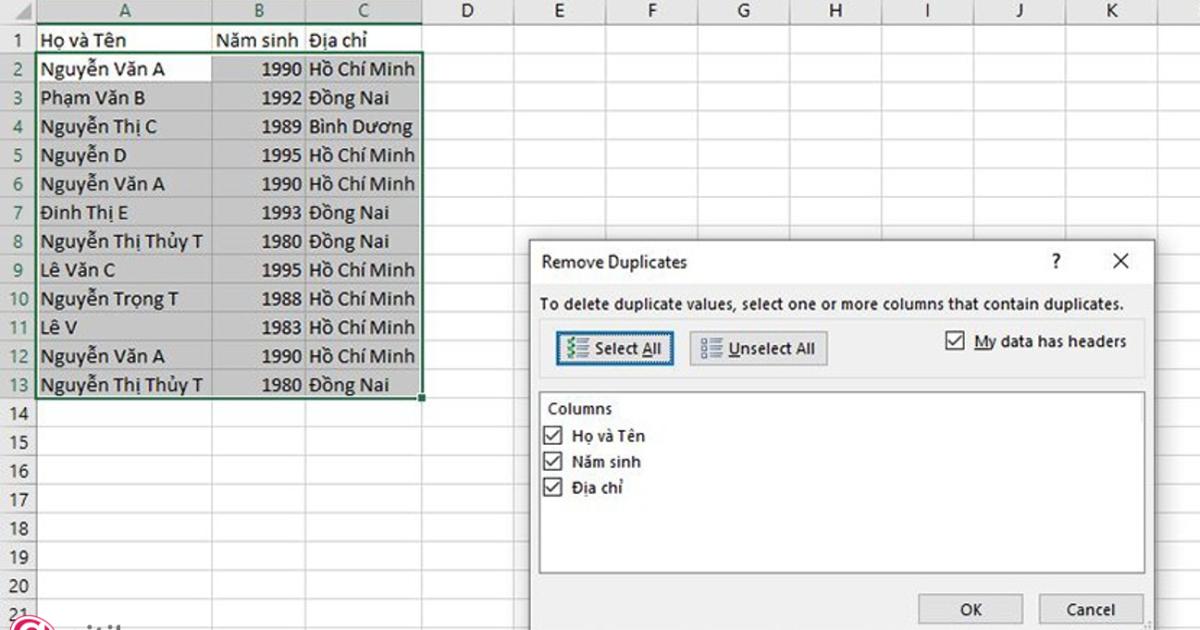 Lọc dữ liệu trùng bằng tính năng Remove Duplicates (2)