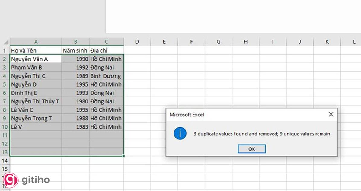 Lọc dữ liệu trùng bằng tính năng Remove Duplicates (3)