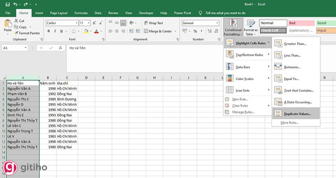 Đánh dấu dữ liệu trùng lặp bằng Conditional Formatting (1)