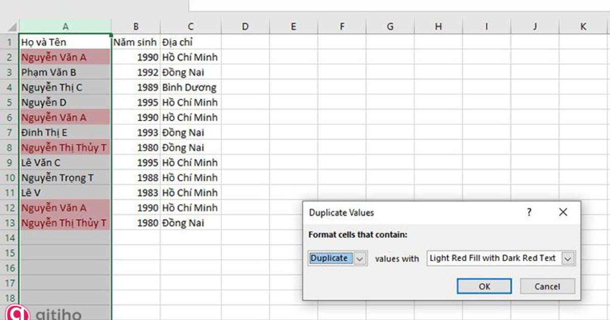 Đánh dấu dữ liệu trùng lặp bằng Conditional Formatting (2)